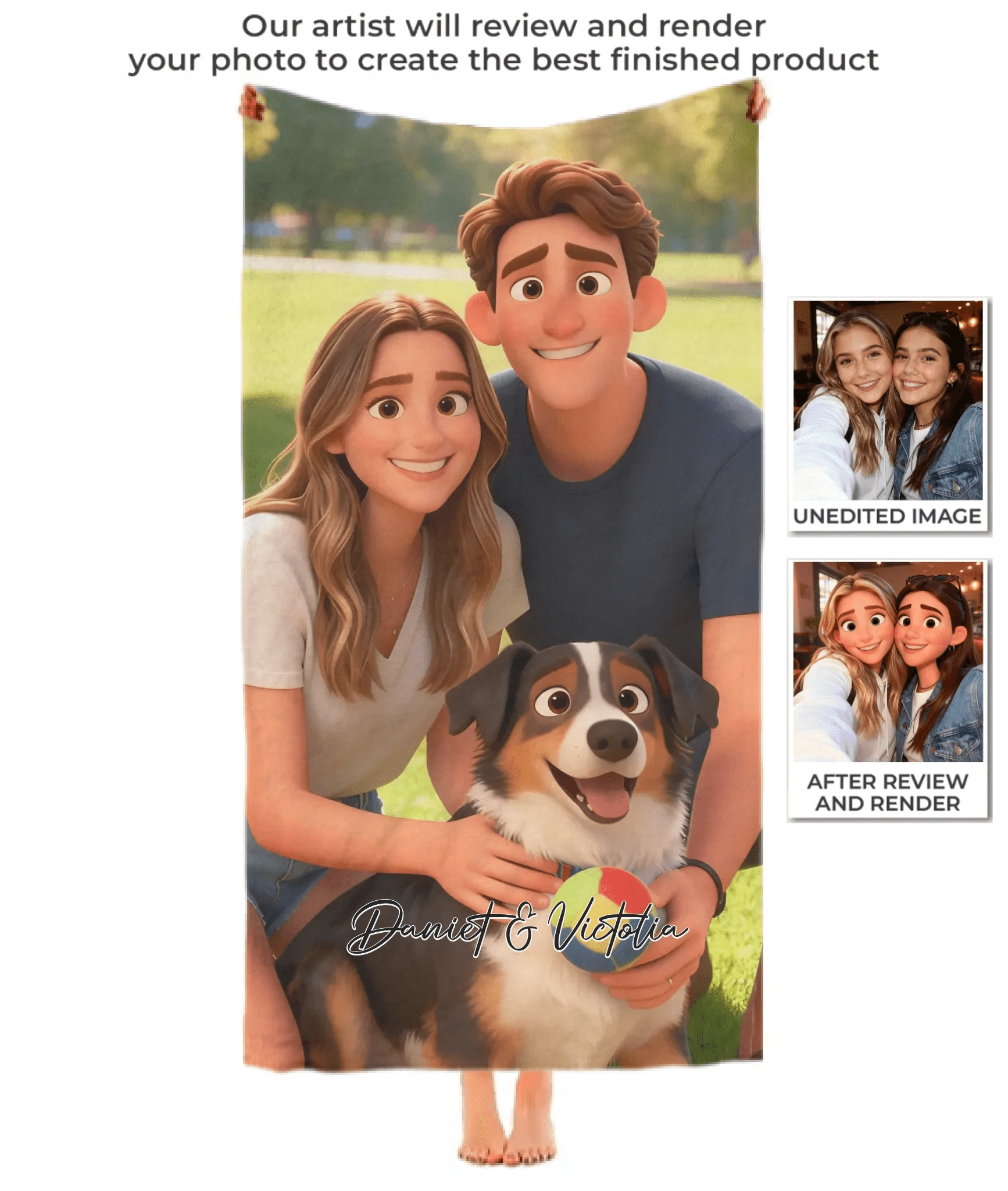Pixar - Style Portrait from Photo – Custom Couples and Dog Digital 3D Artwork Gift – Custom Cartoon Portrait from Photo as Digital Download, Wall Art, Pillow, Mug, Blanket, Beach Towel, Keychain, Desk Sign & More 1063389 - DiyGiftly