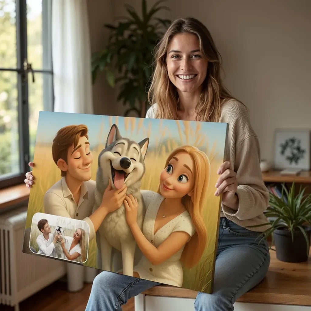 Pixar - Style Portrait from Photo – Custom Couples and Dog Digital 3D Artwork Gift – Custom Cartoon Portrait from Photo as Digital Download, Wall Art, Pillow, Mug, Blanket, Beach Towel, Keychain, Desk Sign & More 1063389 - DiyGiftly