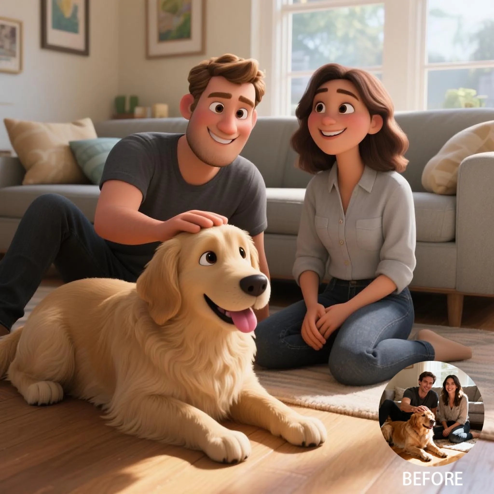 Pixar - Style Portrait from Photo – Custom Couples and Dog Digital 3D Artwork Gift – Custom Cartoon Portrait from Photo as Digital Download, Wall Art, Pillow, Mug, Blanket, Beach Towel, Keychain, Desk Sign & More 1063389 - DiyGiftly
