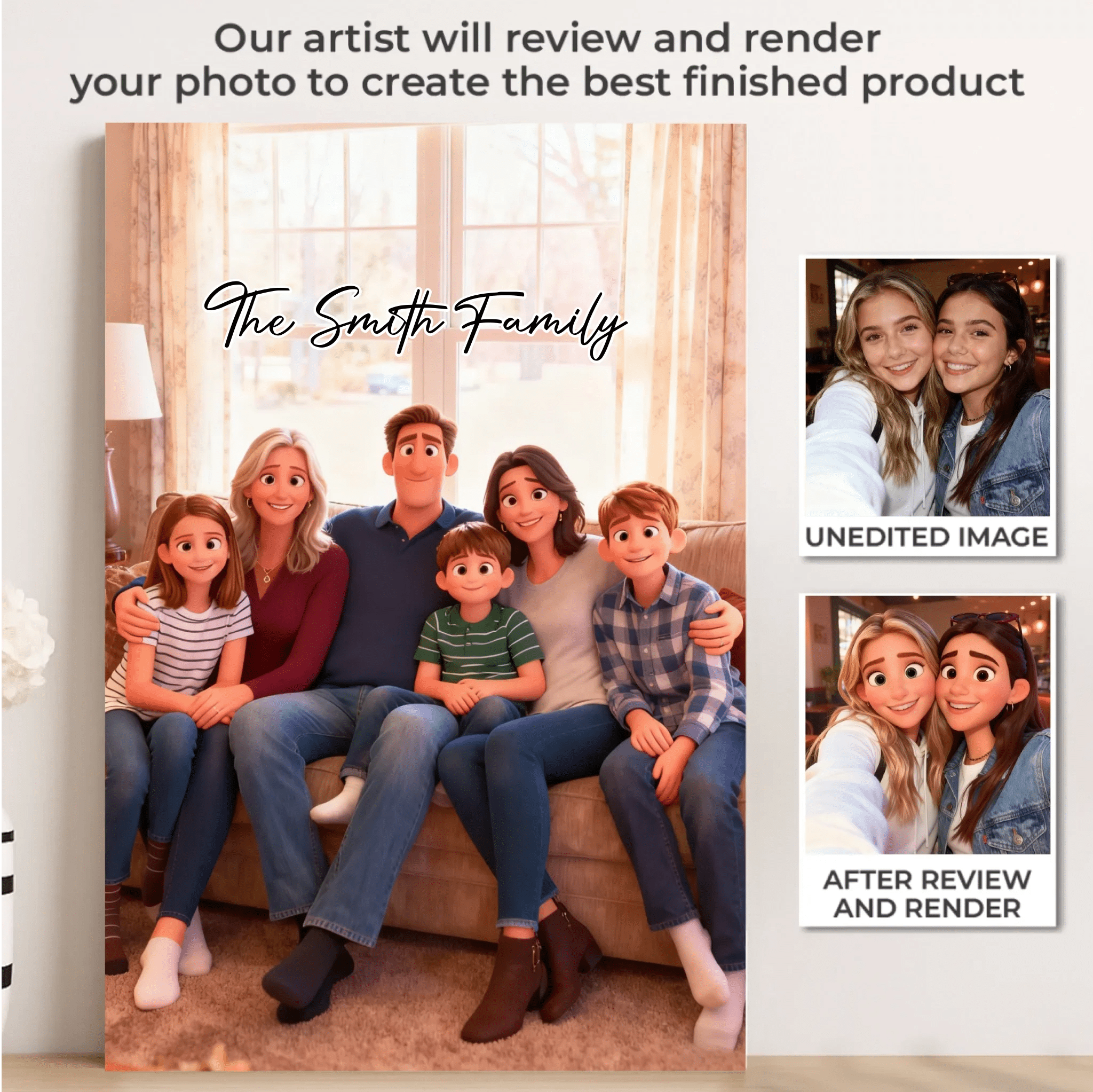 Pixar - Style Portrait from Photo – Custom Family Digital 3D Artwork Gift – Custom Cartoon Portrait from Photo as Digital Download, Wall Art, Pillow, Mug, Blanket, Beach Towel, Keychain, Desk Sign & More 1062413 - DiyGiftly