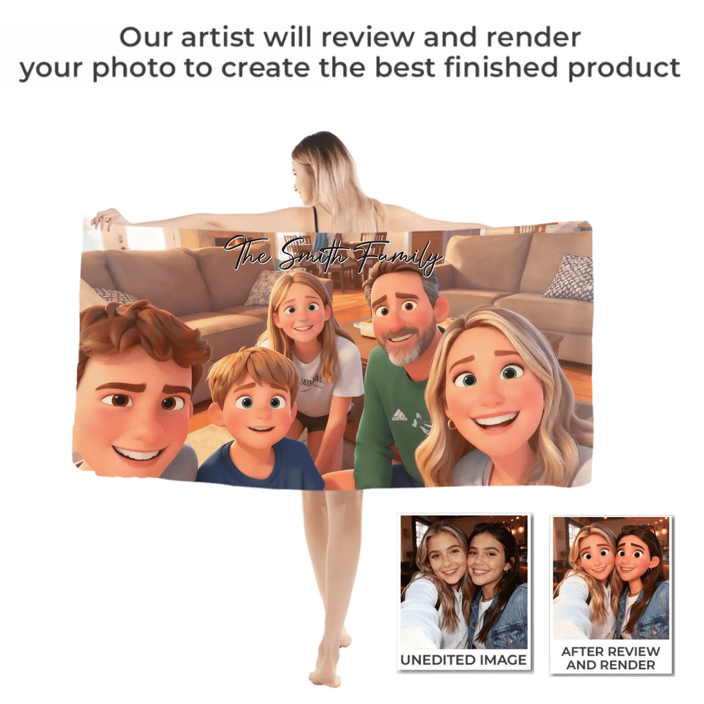Pixar - Style Portrait from Photo – Custom Family Digital 3D Artwork Gift – Custom Cartoon Portrait from Photo as Digital Download, Wall Art, Pillow, Mug, Blanket, Beach Towel, Keychain, Desk Sign & More 1062413 - DiyGiftly