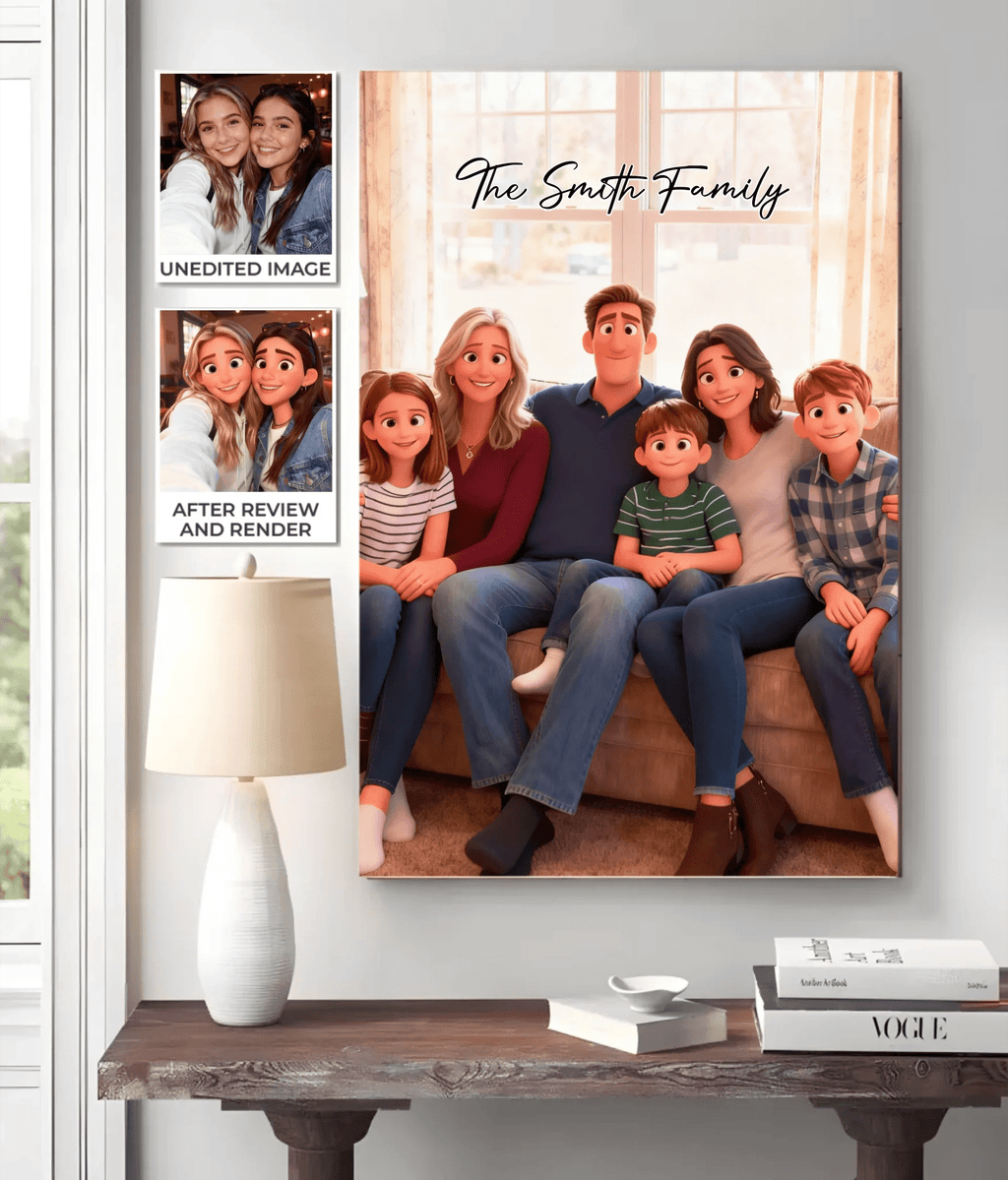 Pixar - Style Portrait from Photo – Custom Family Digital 3D Artwork Gift – Custom Cartoon Portrait from Photo as Digital Download, Wall Art, Pillow, Mug, Blanket, Beach Towel, Keychain, Desk Sign & More 1062413 - DiyGiftly