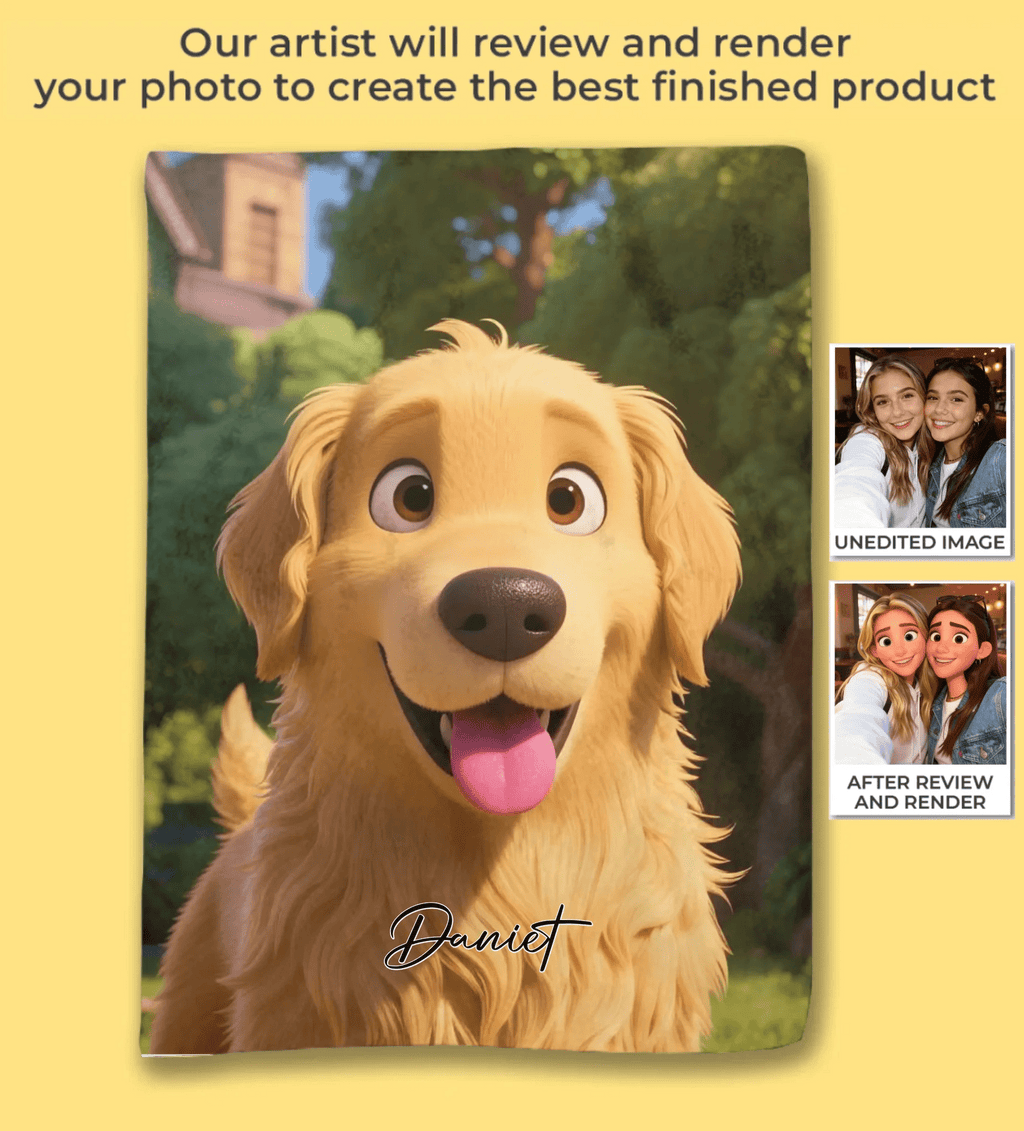 Pixar - Style Portrait from Photo – Custom Pet Lovers Digital 3D Artwork Gift – Custom Cartoon Portrait from Photo as Digital Download, Wall Art, Pillow, Mug, Blanket, Beach Towel, Keychain, Desk Sign & More 1066486 - DiyGiftly