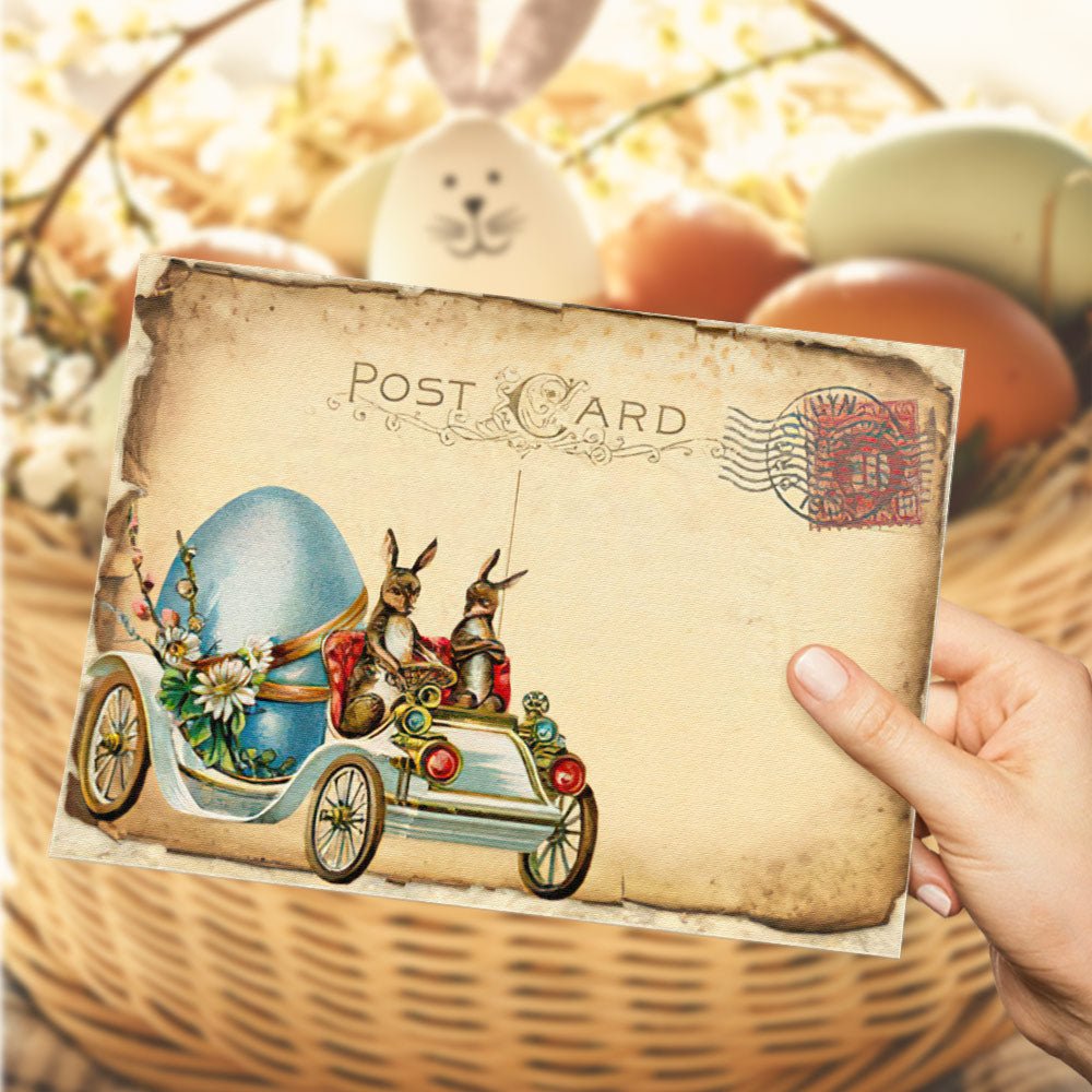 Postcard Style Easter Greeting Card – Two Bunnies Driving with Blue Egg Gift Card - DiyGiftly