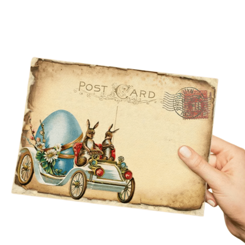 Postcard Style Easter Greeting Card – Two Bunnies Driving with Blue Egg Gift Card - DiyGiftly