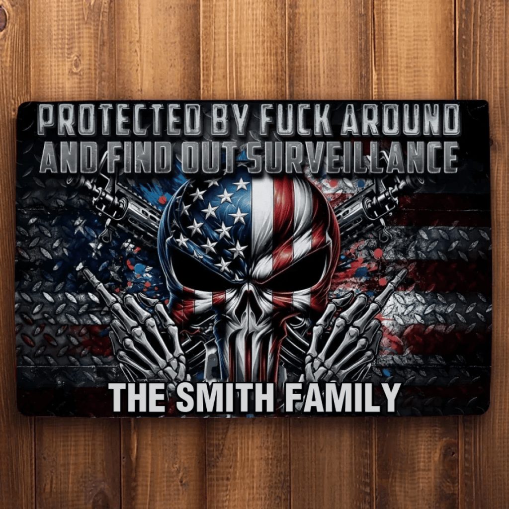 Protected by Fck Around and Find out Surveillance - Personalized Skull Doormat 748461 - DiyGiftly