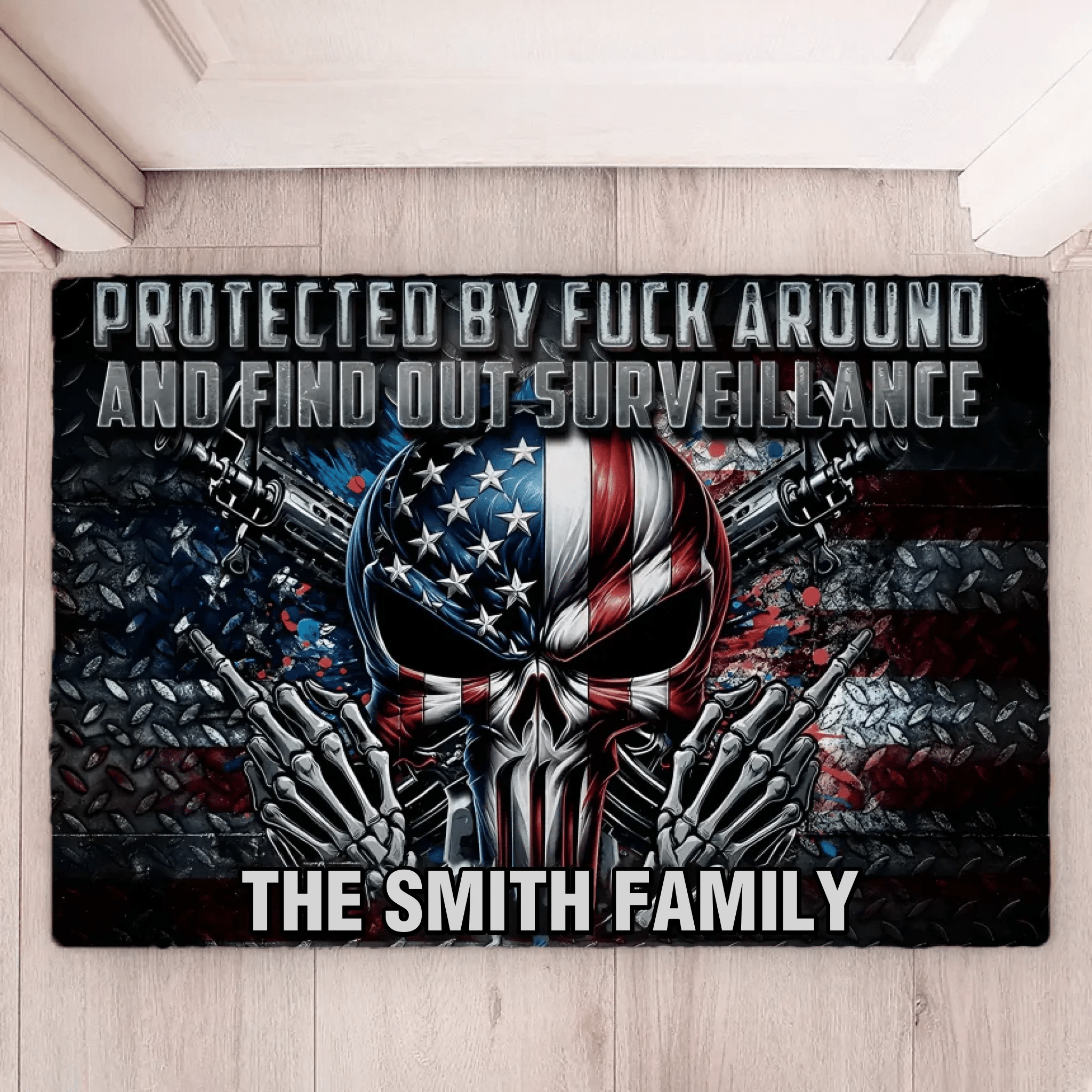 Protected by Fck Around and Find out Surveillance - Personalized Skull Doormat 748461 - DiyGiftly