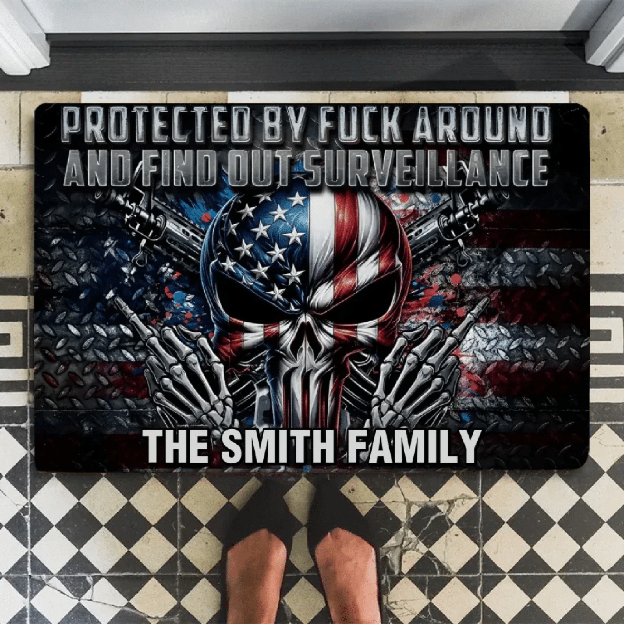 Protected by Fck Around and Find out Surveillance - Personalized Skull Doormat 748461 - DiyGiftly