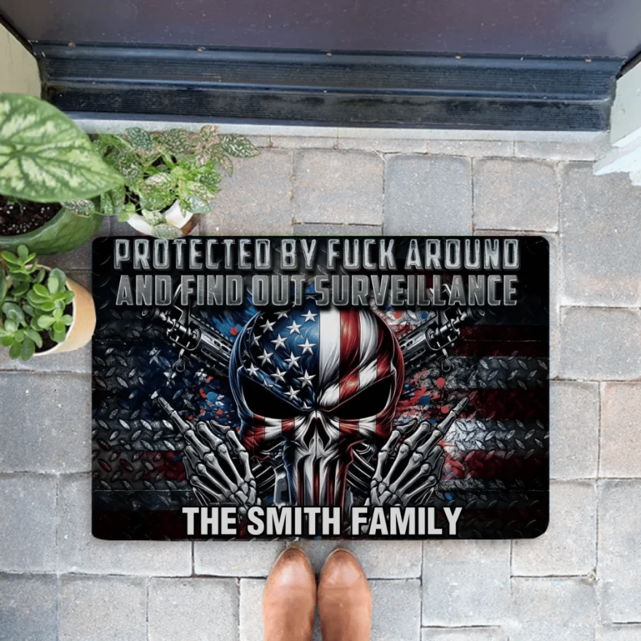 Protected by Fck Around and Find out Surveillance - Personalized Skull Doormat 748461 - DiyGiftly