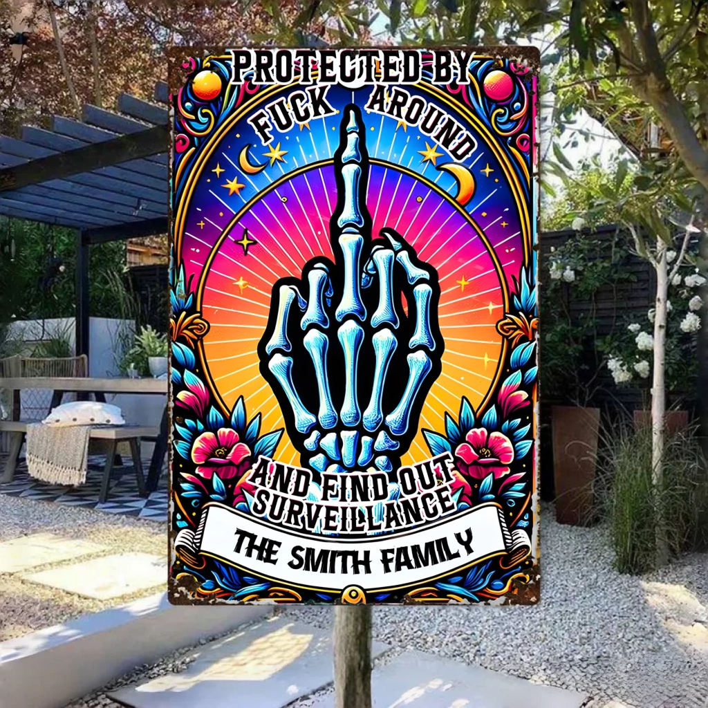 Protected by Fck Around and Find out Surveillance - Personalized Skull Rectangle Metal Sign 737089 - 737095 - DiyGiftly