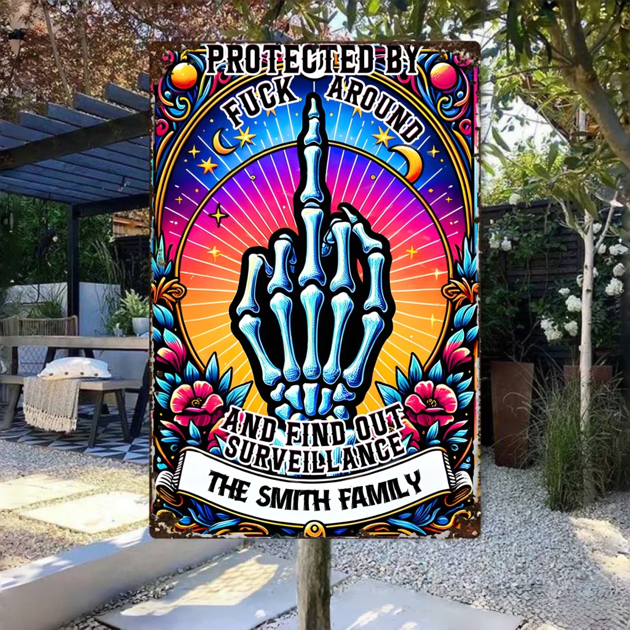 Protected by Fck Around and Find out Surveillance - Personalized Skull Rectangle Metal Sign 737089 - 737095 - DiyGiftly
