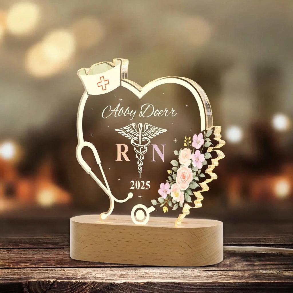 "Proud RN" – Personalized Heart - Shaped Nurse LED Night Light with Stethoscope, Nurse Hat & Caduceus – Custom Name Wooden Base Graduation Gift for New Registered Nurse 1150180 - DiyGiftly