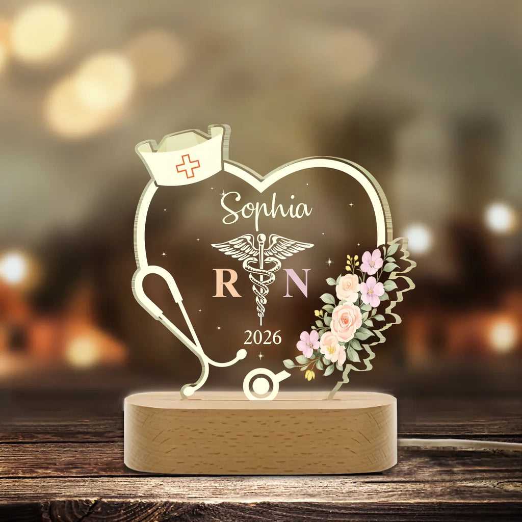 "Proud RN" – Personalized Heart - Shaped Nurse LED Night Light with Stethoscope, Nurse Hat & Caduceus – Custom Name Wooden Base Graduation Gift for New Registered Nurse 1150180 - DiyGiftly