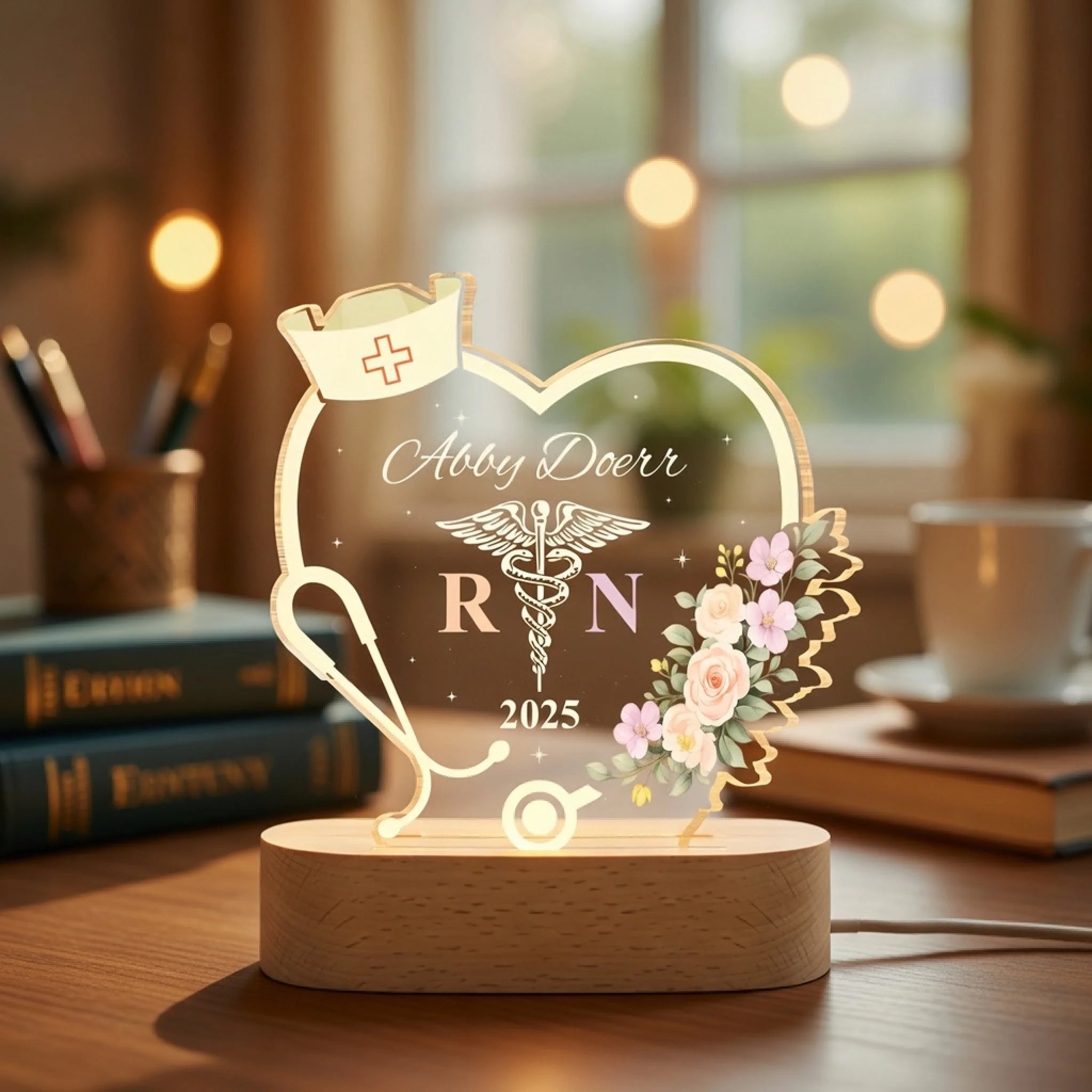 "Proud RN" – Personalized Heart - Shaped Nurse LED Night Light with Stethoscope, Nurse Hat & Caduceus – Custom Name Wooden Base Graduation Gift for New Registered Nurse 1150180 - DiyGiftly