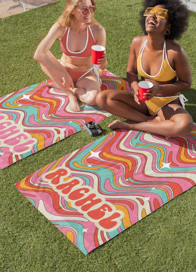 Psychedelic Groovy Personalized Beach Towel, Retro Style Custom Name Pool Towel, Hippie Party, Vintage Adult/Kids Birthday Vacation Gift 19657472 - DiyGiftly