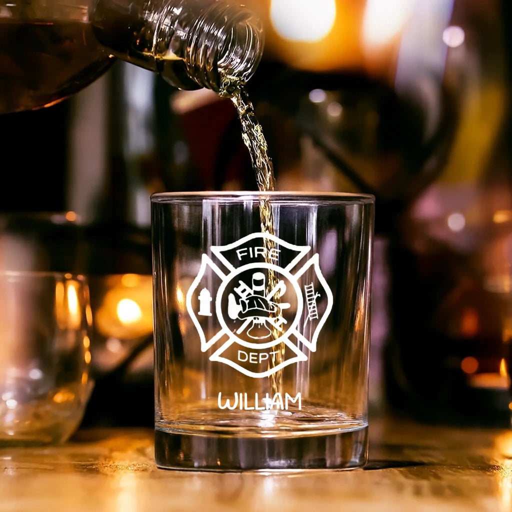 Firefighter Pint Glass Custom Engraved with Maltese Cross Personalized Gift Glassware engraved detail