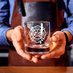 Firefighter Pint Glass Custom Engraved with Maltese Cross Personalized Gift Glassware close view