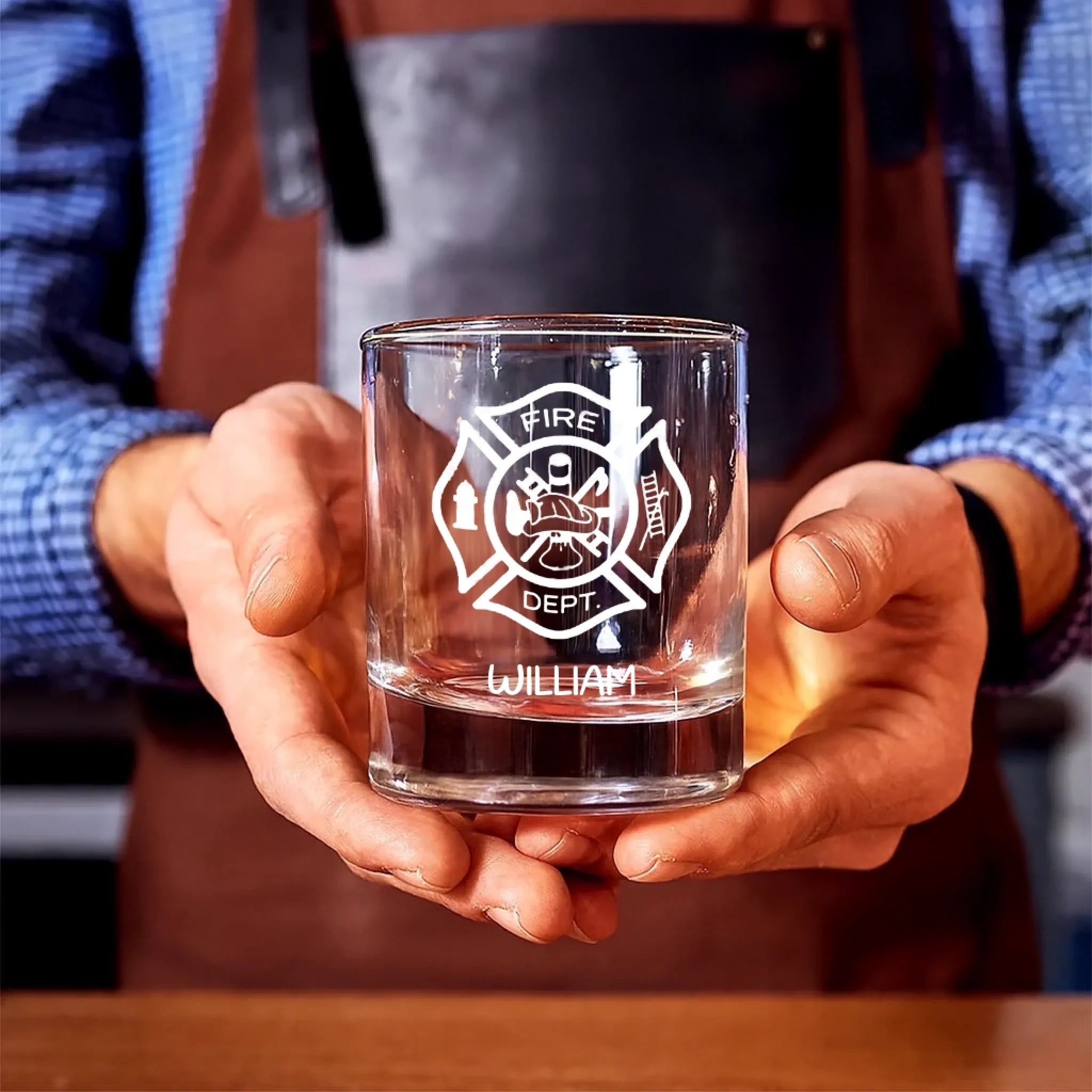 Firefighter Pint Glass Custom Engraved with Maltese Cross Personalized Gift Glassware close view