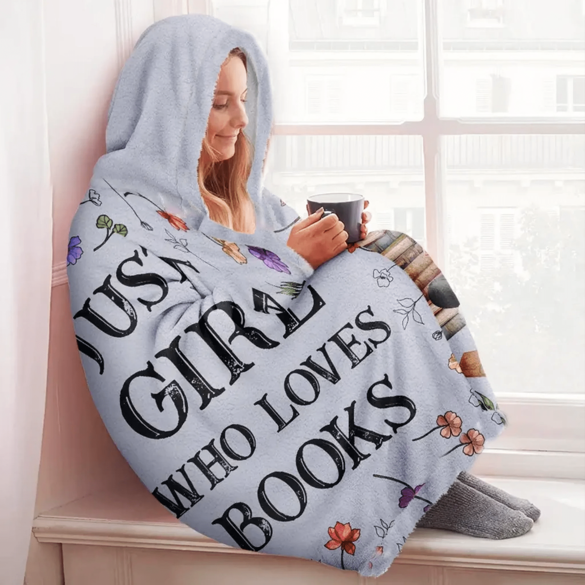 Reading Girl & Birth Flower – My Personalized Reading Blanket - Personalized Wearable Hooded Blanket 1058622 - 1059451 - DiyGiftly