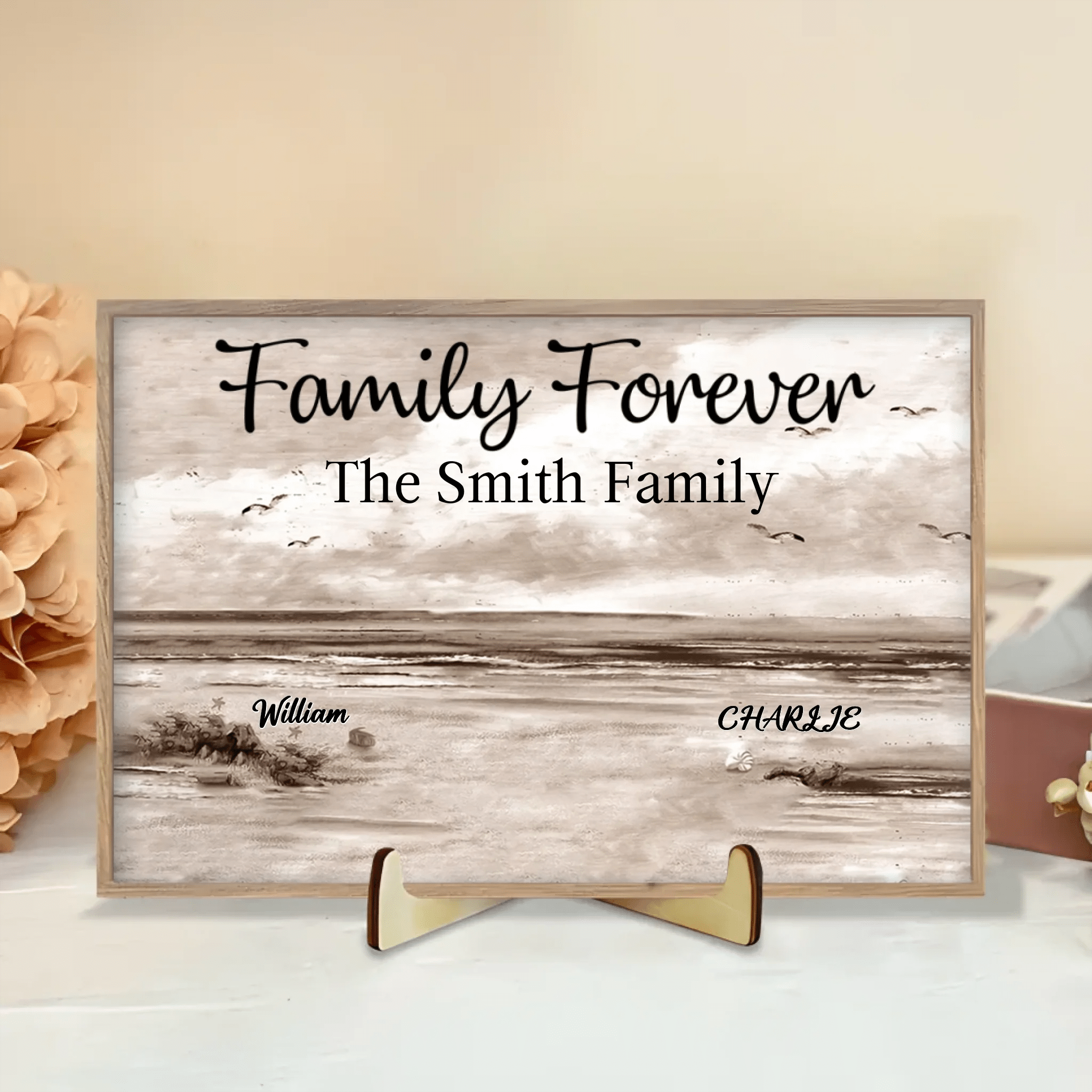 Retro Vintage Family Sitting Beach Landscape Personalized Horizontal Custom Wooden Plaque 701169 - DiyGiftly