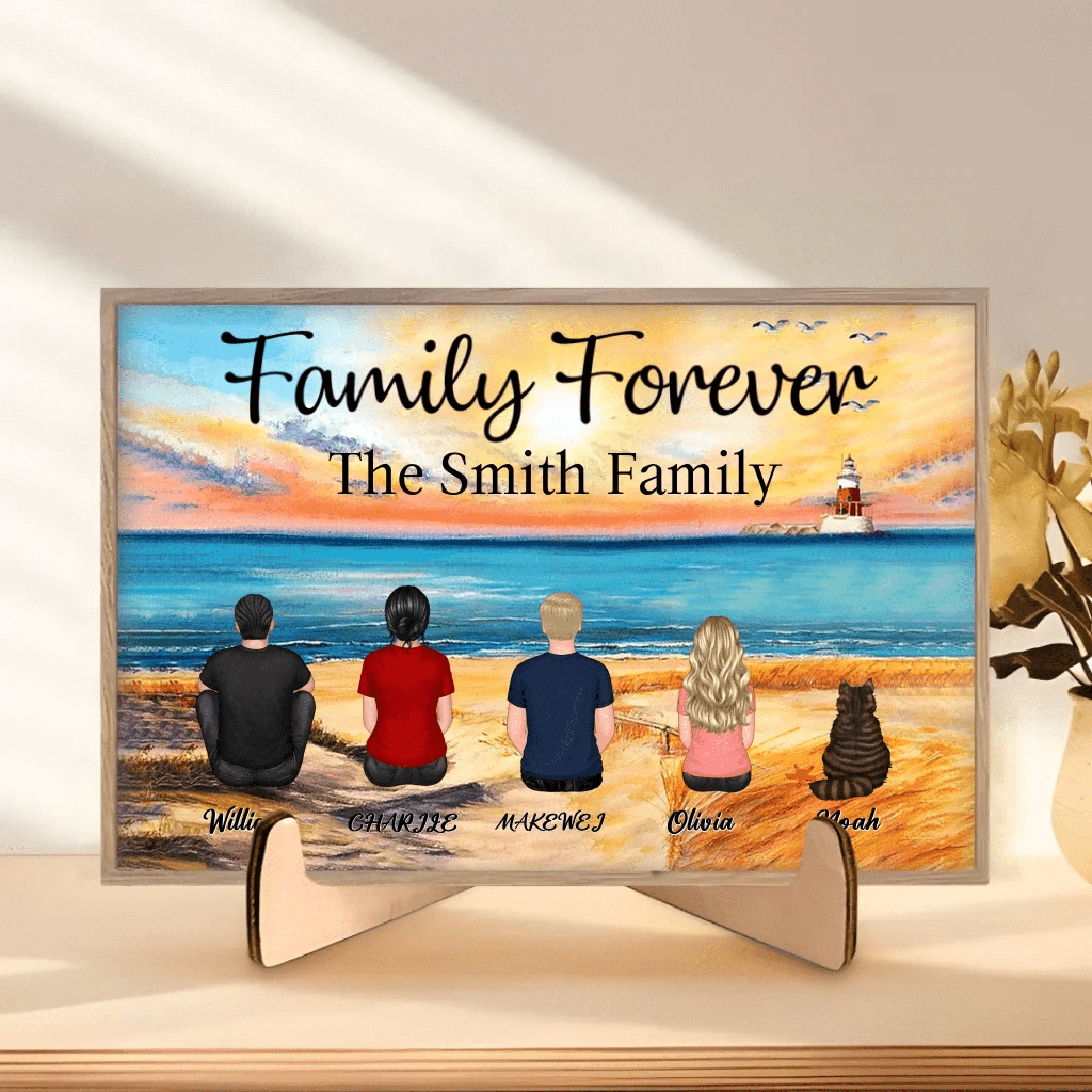 Retro Vintage Family Sitting Beach Landscape Personalized Horizontal Custom Wooden Plaque 701169 - DiyGiftly