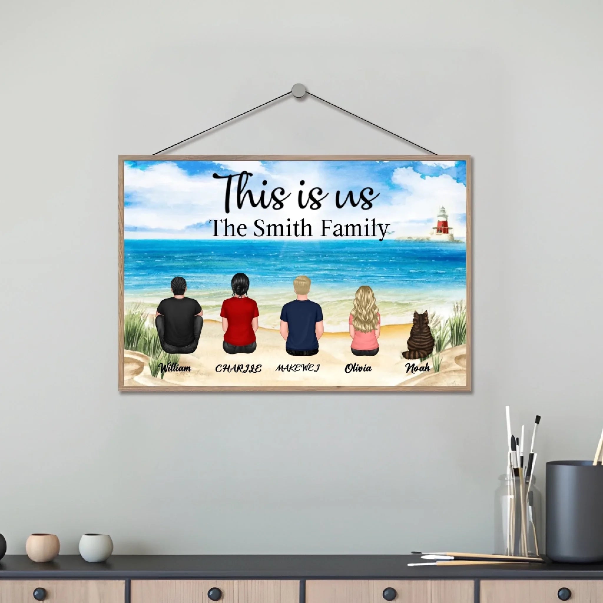 Retro Vintage Family Sitting Beach Landscape Personalized Horizontal Custom Wooden Plaque 701169 - DiyGiftly