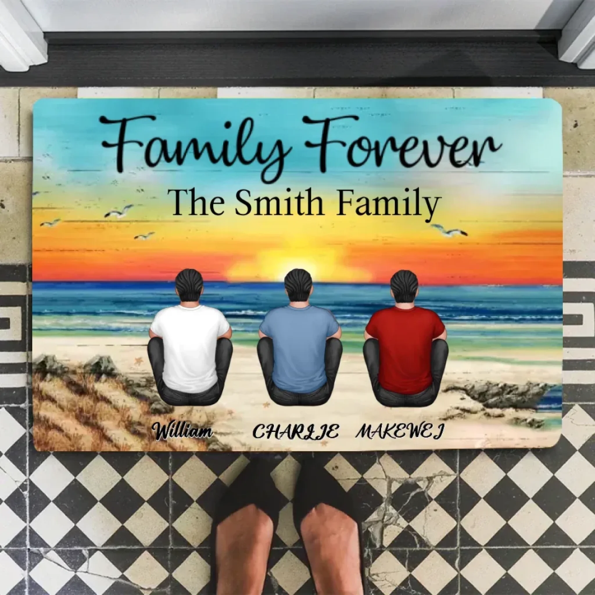 Retro Vintage Family Sitting Beach Landscape Personalized Mat 701169 - D - DiyGiftly