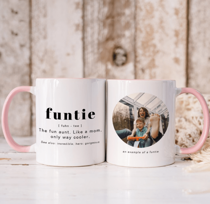 RILEY Modern Cute “Funtie” Definition Photo Mug – Personalized Coffee or Tea Cup for Aunt, Custom Name and Picture, Unique Gift for Birthday, Christmas 89392128 - DiyGiftly