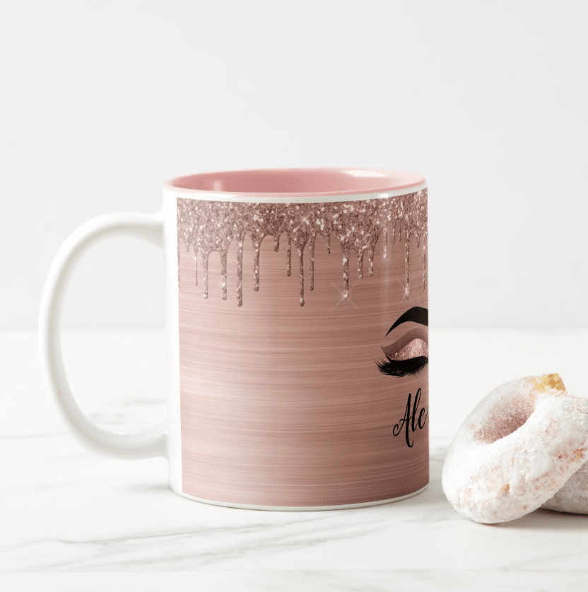 Rose Gold Glitter Sparkle Eyelashes Monogram Name Two - Tone Coffee Mug – Personalized Makeup Artist or Lash Tech Cup, Custom Name Coffee or Tea Cup, Unique Birthday, Christmas, or Salon Gift 80335360 - DiyGiftly