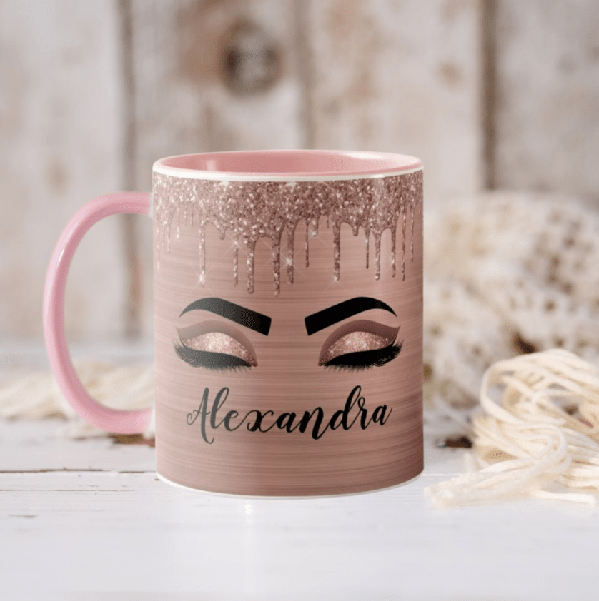 Rose Gold Glitter Sparkle Eyelashes Monogram Name Two - Tone Coffee Mug – Personalized Makeup Artist or Lash Tech Cup, Custom Name Coffee or Tea Cup, Unique Birthday, Christmas, or Salon Gift 80335360 - DiyGiftly