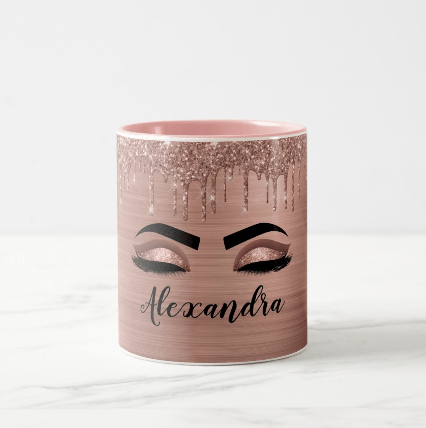 Rose Gold Glitter Sparkle Eyelashes Monogram Name Two - Tone Coffee Mug – Personalized Makeup Artist or Lash Tech Cup, Custom Name Coffee or Tea Cup, Unique Birthday, Christmas, or Salon Gift 80335360 - DiyGiftly
