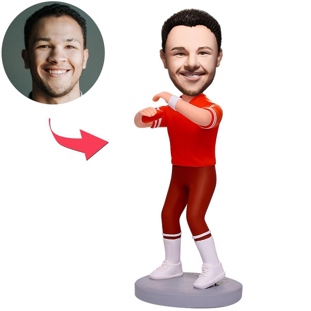 Rugby Player In Red Sportswear Custom Bobbleheads With Engraved Text - DiyGiftly