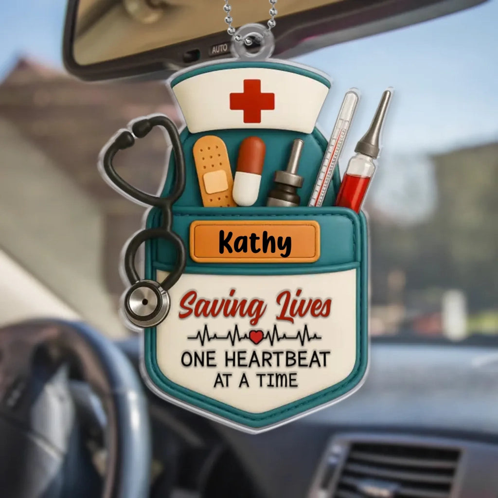 Saving Lives One Heartbeat At A Time Nurse Design Car Ornament - Personalized Acrylic Nurse Ornament - Custom Name Medical Worker Gift - Thank You Appreciation Gift For Nurse, Doctor Car Decor 1134666 - DiyGiftly