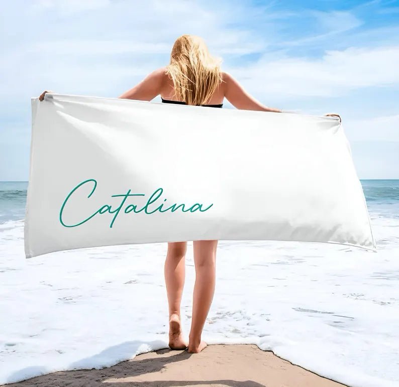 Scripty Signature Style Personalized Beach Towel Personalized Name Pool Towel Beach Towel With Name Outside Birthday Vacation Gift 00217856 - DiyGiftly