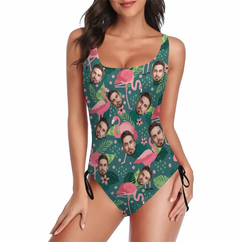 Sexy Custom Swimsuit,Personalize Face One - Piece High Leg Swimwear,Bathing Suit for Bachelorette Party,Gift for Her,Funny Flamingo Pattern 126592 - DiyGiftly