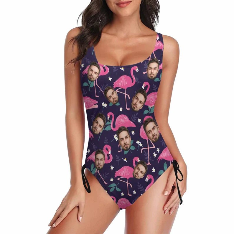 Sexy Custom Swimsuit,Personalize Face One - Piece High Leg Swimwear,Bathing Suit for Bachelorette Party,Gift for Her,Funny Flamingo Pattern 126592 - DiyGiftly