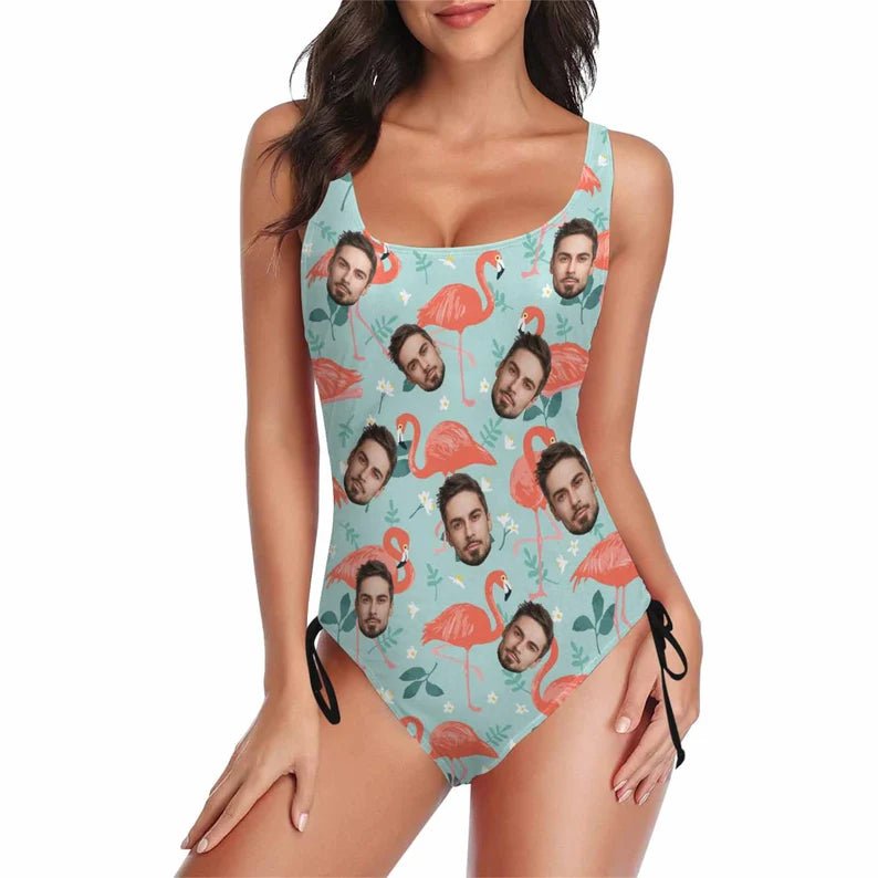 Sexy Custom Swimsuit,Personalize Face One - Piece High Leg Swimwear,Bathing Suit for Bachelorette Party,Gift for Her,Funny Flamingo Pattern 126592 - DiyGiftly