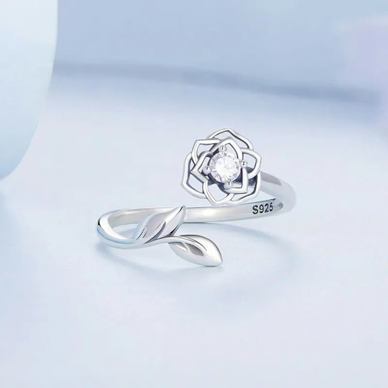 Silver Camellia Open Ring – Romantic Adjustable Promise Ring for Her Valentine’s Day Gift - DiyGiftly