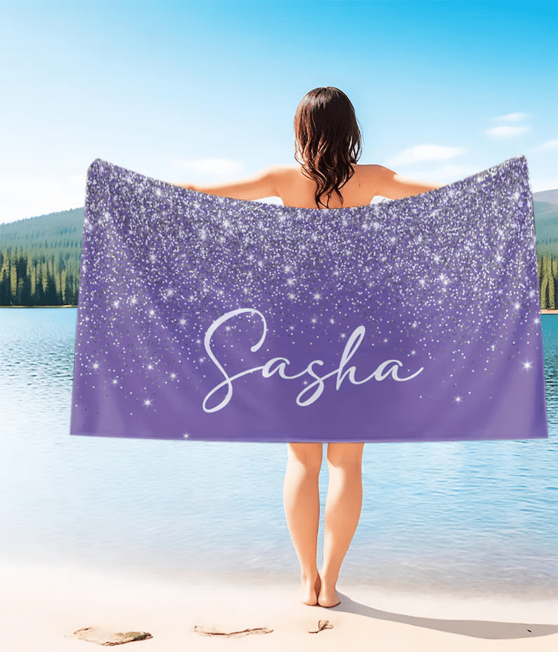 Silver Glitter Personalized Beach Towel Personalized Name Bath Towel Custom Pool Towel Beach Towel With Name Outside Birthday Vacation Gift 17030400 - DiyGiftly