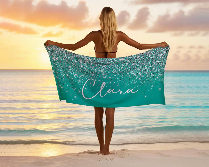 Silver Glitter Personalized Beach Towel Personalized Name Bath Towel Custom Pool Towel Beach Towel With Name Outside Birthday Vacation Gift 17030400 - DiyGiftly