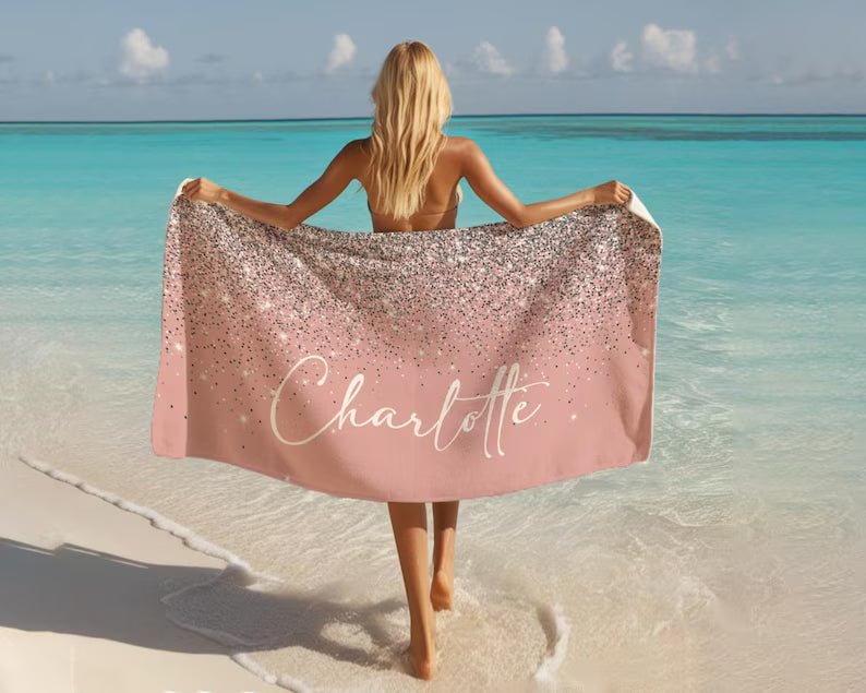 Silver Glitter Personalized Beach Towel Personalized Name Bath Towel Custom Pool Towel Beach Towel With Name Outside Birthday Vacation Gift 17030400 - DiyGiftly