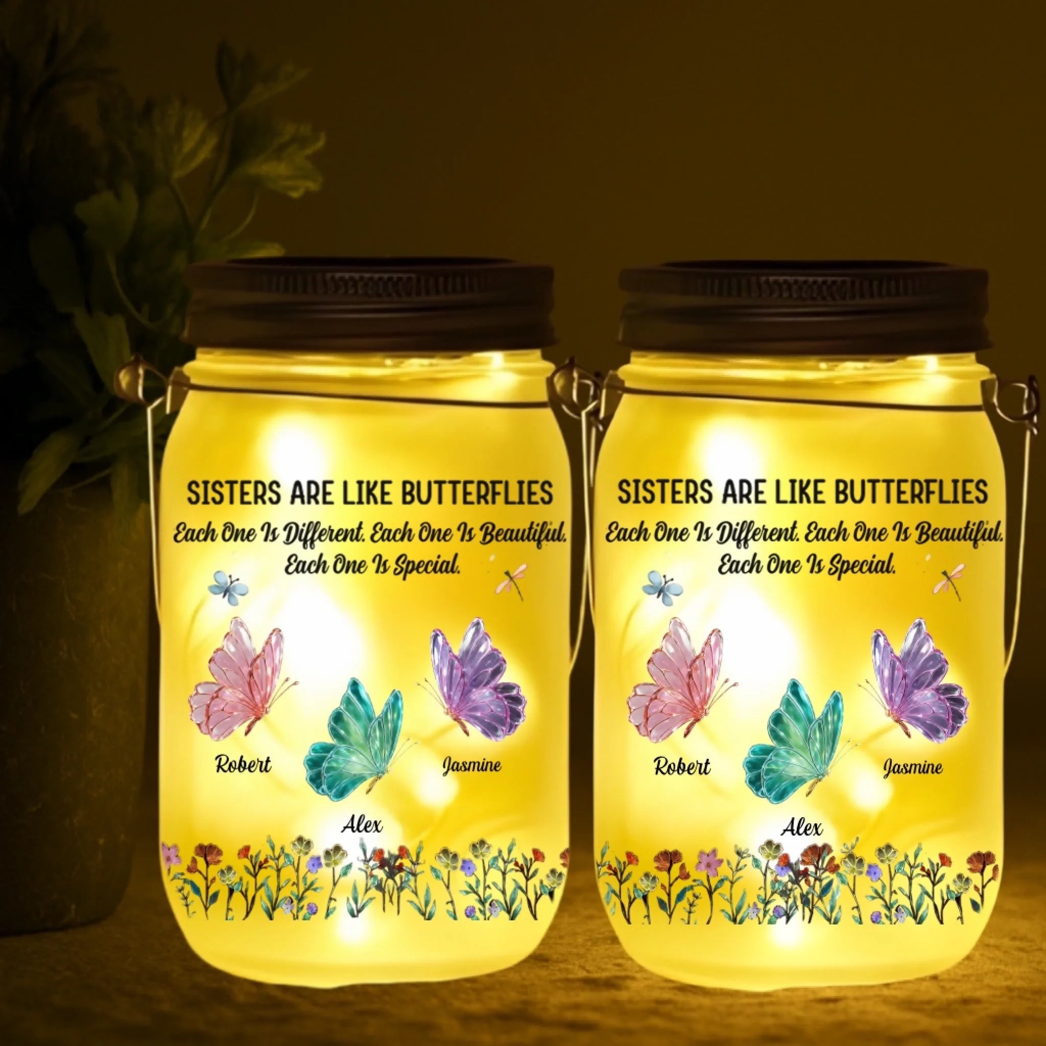 single color warm light mason jar light custom name gift for sister