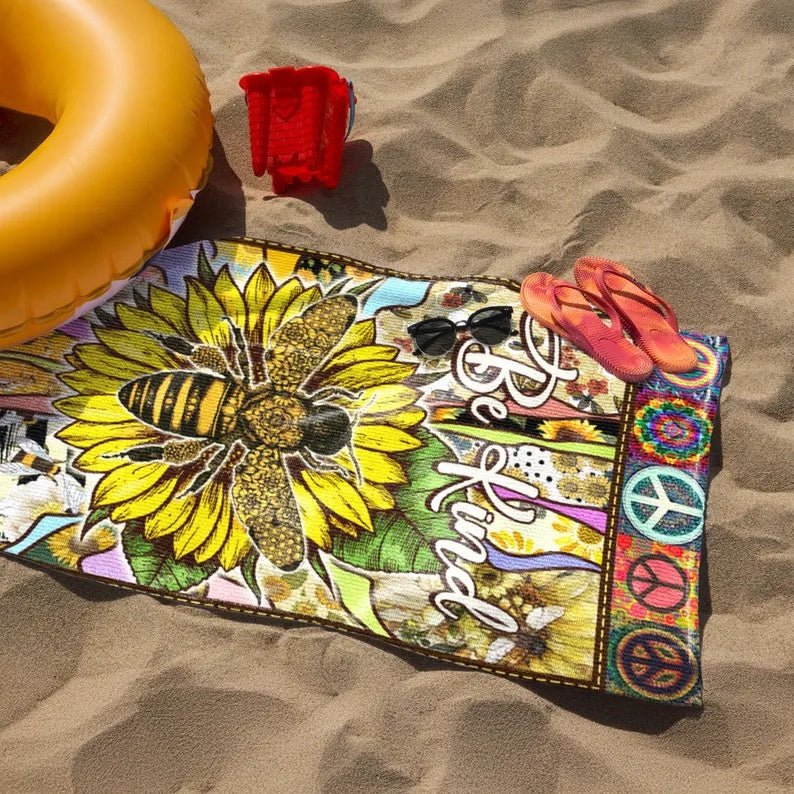 Sunflower Bee Custom Name Beach Towel, Peace Sign Sunflower Flower Beach Towel,Flower Pool Towel, Personalized Beach Towel Hippie Lover Gift 65604096 - DiyGiftly