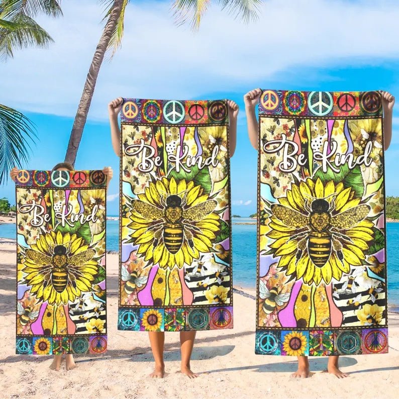 Sunflower Bee Custom Name Beach Towel, Peace Sign Sunflower Flower Beach Towel,Flower Pool Towel, Personalized Beach Towel Hippie Lover Gift 65604096 - DiyGiftly