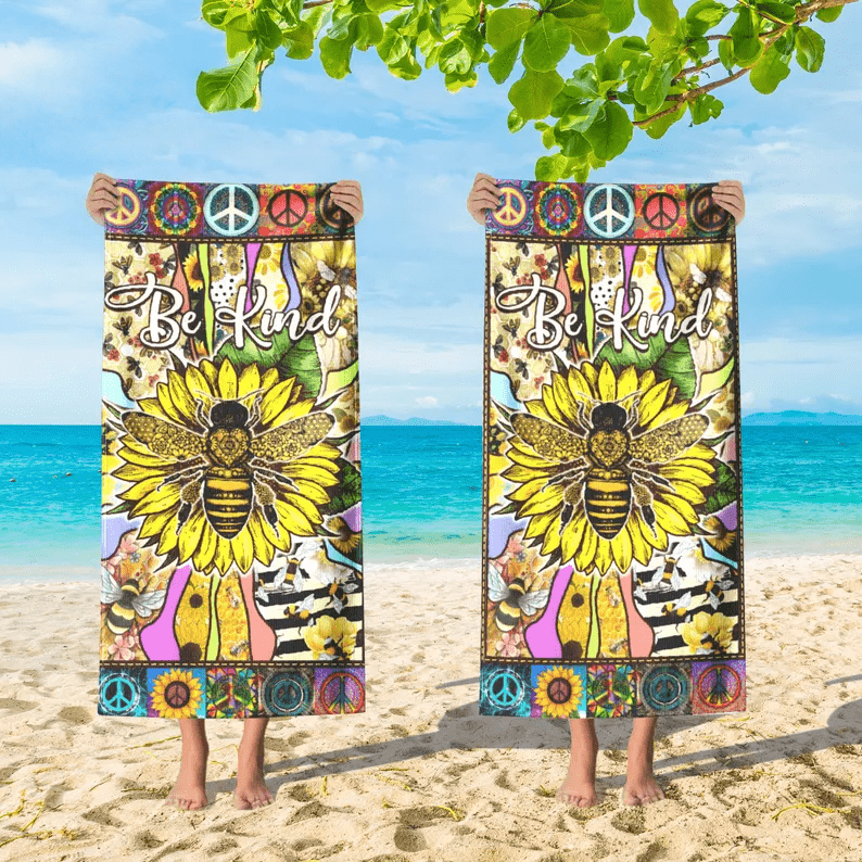 Sunflower Bee Custom Name Beach Towel, Peace Sign Sunflower Flower Beach Towel,Flower Pool Towel, Personalized Beach Towel Hippie Lover Gift 65604096 - DiyGiftly