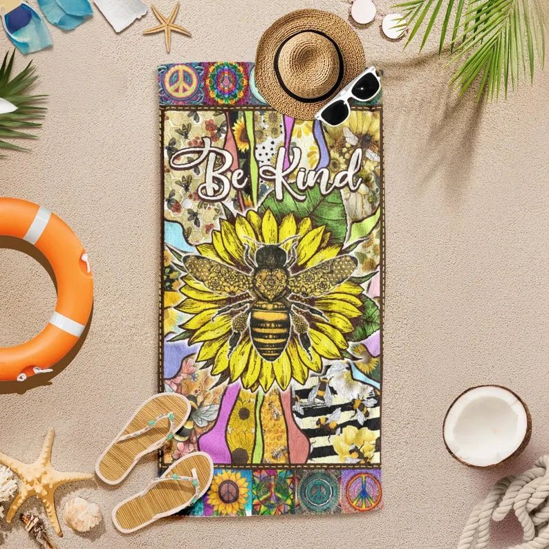 Sunflower Bee Custom Name Beach Towel, Peace Sign Sunflower Flower Beach Towel,Flower Pool Towel, Personalized Beach Towel Hippie Lover Gift 65604096 - DiyGiftly