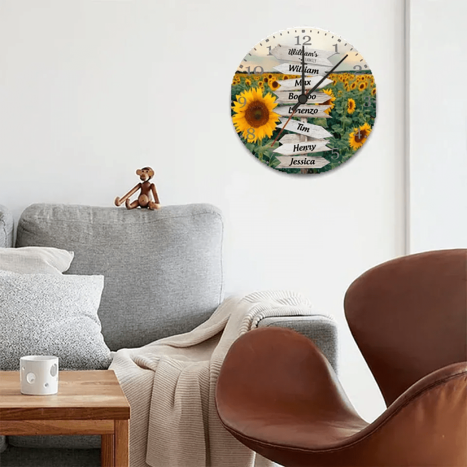 sunflower field wall art custom names wooden floral wall clock for living room decor