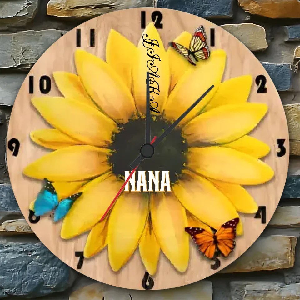 sunflower grandma and grandkids custom name wooden floral wall clock as a christmas gift