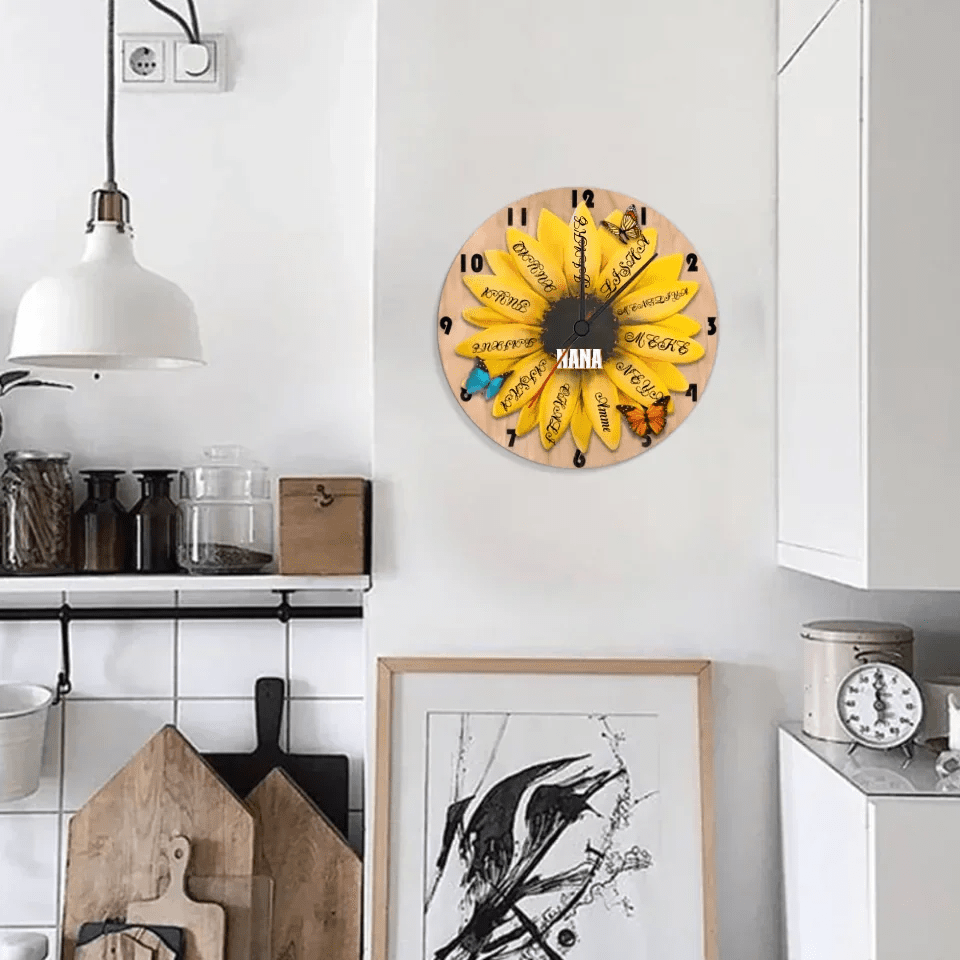custom name wooden floral wall clock as a new home gift
