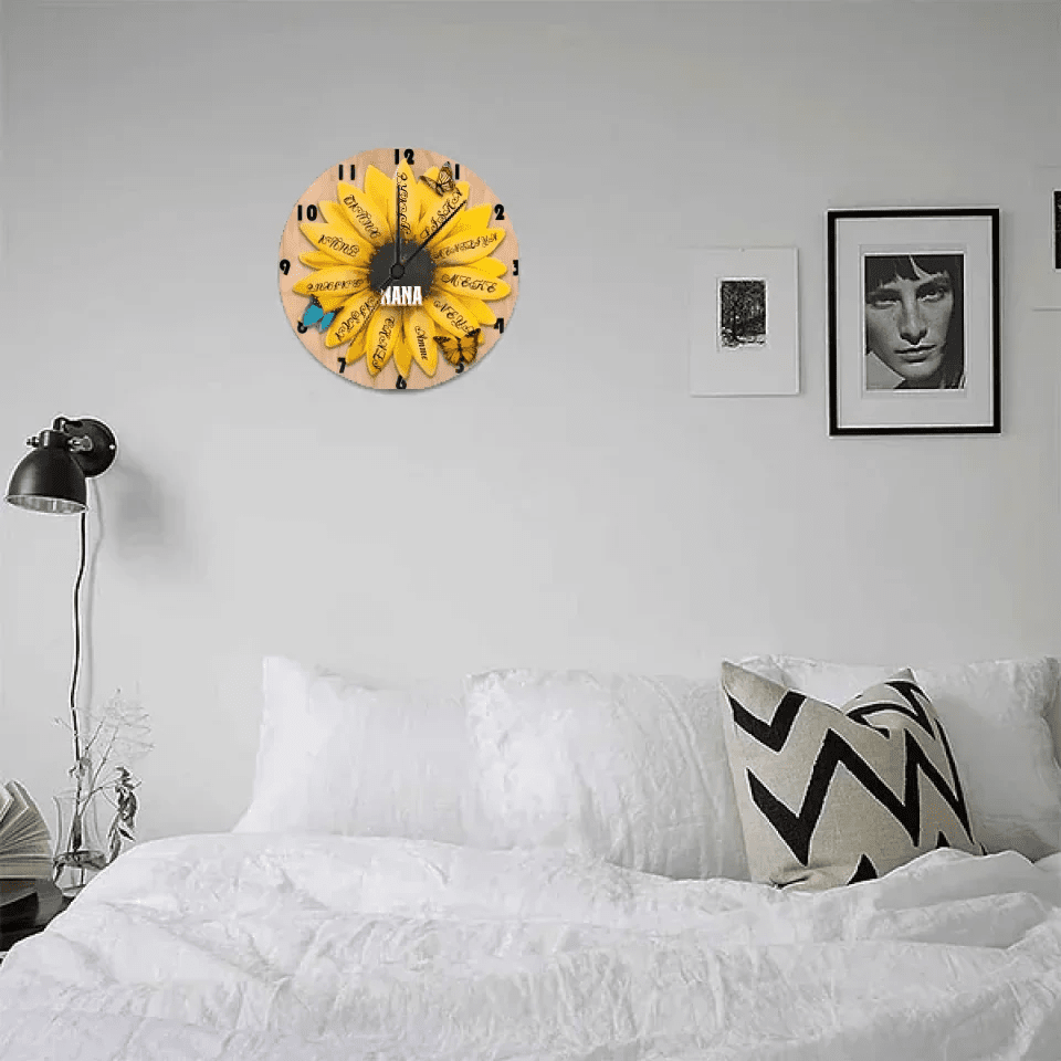 sunflower grandma and grandkids custom name wooden floral wall clock for living room decor